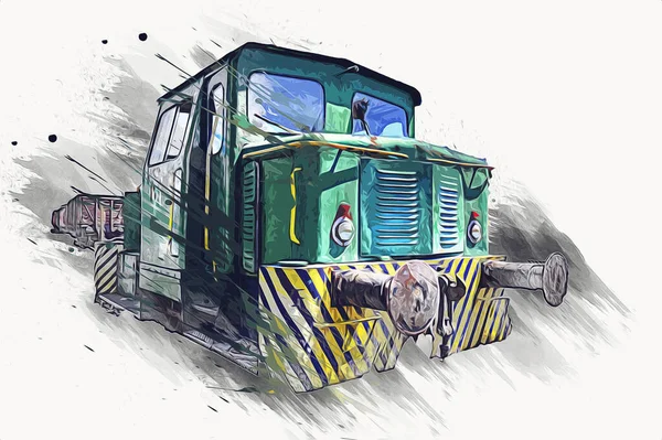 Eski dar ölçü demiryolu motoru, sanat, illüstrasyon, çizim, eskiz, antika, antika, antika.