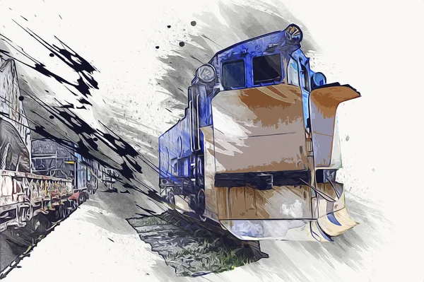 Gammal Smal Spårvidd Järnvägsmotor Konst Illustration Teckning Skiss Antik Retro — Stockfoto