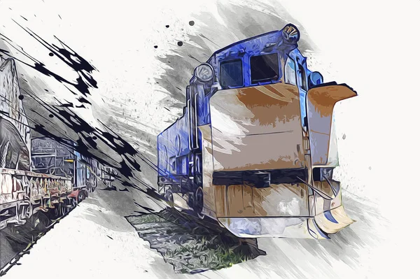 Vecchio Motore Ferroviario Scartamento Ridotto Arte Illustrazione Disegno Schizzo Antico — Foto Stock