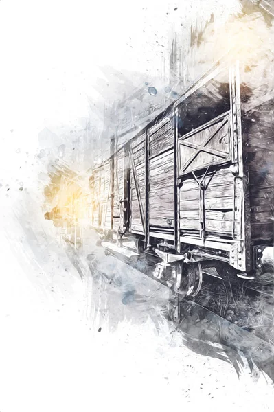 Eski tren vagonu, tren, sanat, illüstrasyon, çizim, eskiz, antika, antika, antika.