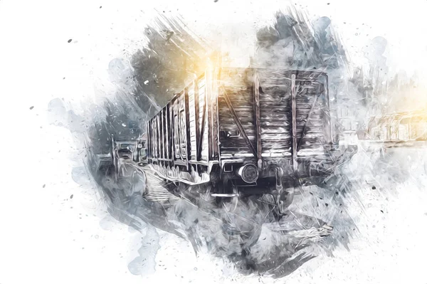 Eski tren vagonu, tren, sanat, illüstrasyon, çizim, eskiz, antika, antika, antika.