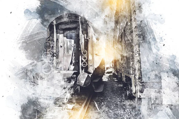 Eski tren vagonu, tren, sanat, illüstrasyon, çizim, eskiz, antika, antika, antika.