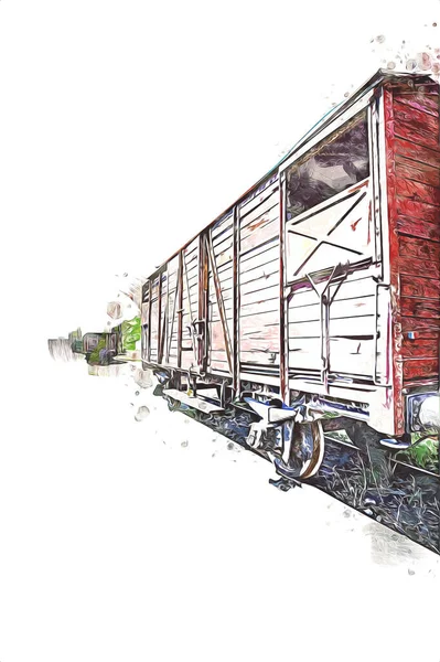 Eski tren vagonu, tren, sanat, illüstrasyon, çizim, eskiz, antika, antika, antika.