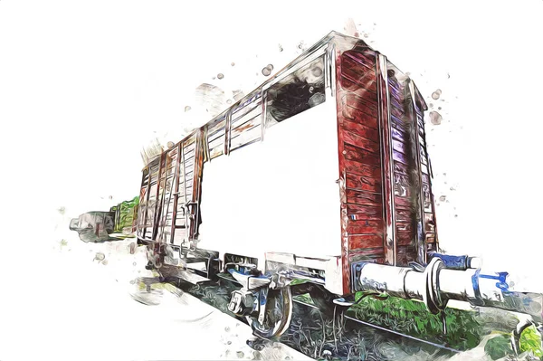 Vecchia Ferrovia Carro Merci Treno Arte Illustrazione Disegno Schizzo Antico — Foto Stock