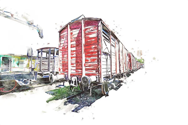 古い鉄道貨物ワゴン アート イラスト スケッチ アンティーク レトロ ヴィンテージ — ストック写真