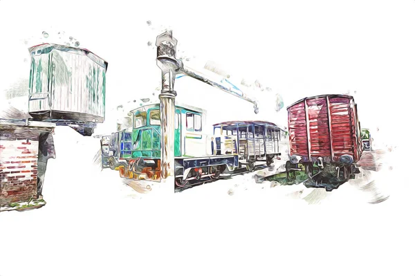 Vieux Wagon Fret Ferroviaire Train Art Illustration Dessin Croquis Antique — Photo