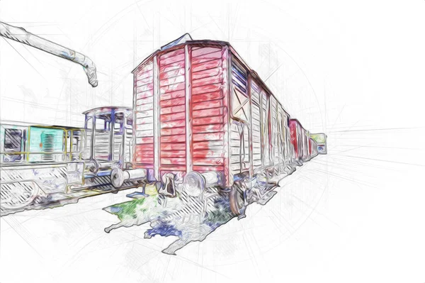 Eski tren vagonu, tren, sanat, illüstrasyon, çizim, eskiz, antika, antika, antika.