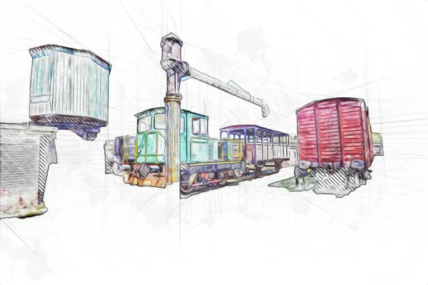 Старая Железная Дорога Поезд Искусство Иллюстрация Рисунок Скелет Антиквариат Ретро — стоковое фото