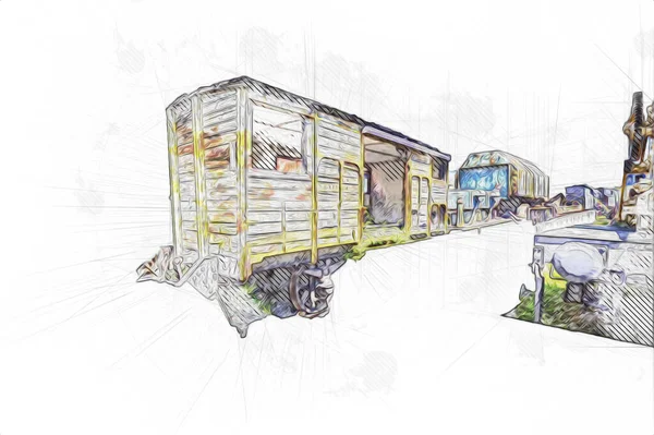 Eski tren vagonu, tren, sanat, illüstrasyon, çizim, eskiz, antika, antika, antika.