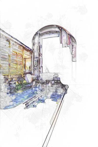 Eski tren vagonu, tren, sanat, illüstrasyon, çizim, eskiz, antika, antika, antika.