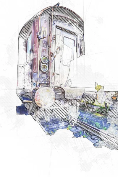 Eski tren vagonu, tren, sanat, illüstrasyon, çizim, eskiz, antika, antika, antika.