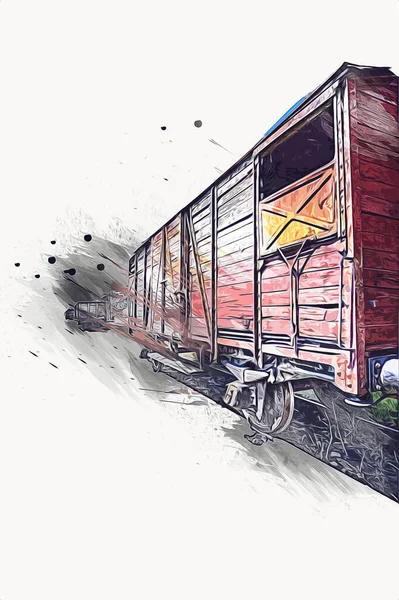 Eski tren vagonu, tren, sanat, illüstrasyon, çizim, eskiz, antika, antika, antika.