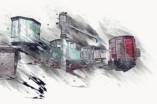 Eski tren vagonu, tren, sanat, illüstrasyon, çizim, eskiz, antika, antika, antika.