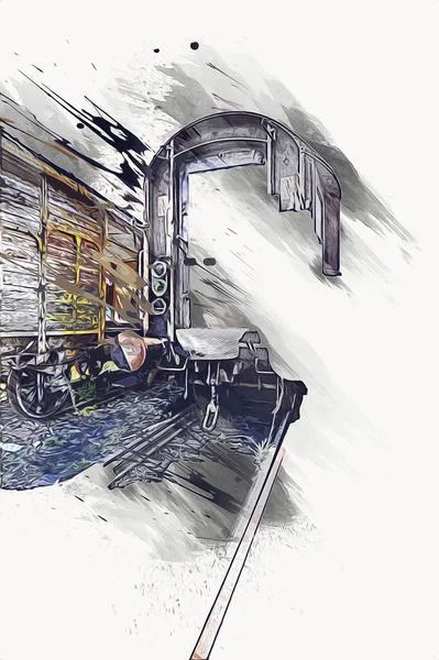 Eski tren vagonu, tren, sanat, illüstrasyon, çizim, eskiz, antika, antika, antika.