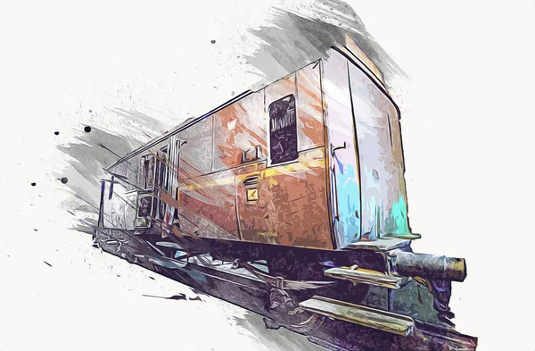 Gamla Järnvägsvagn Tåg Konst Illustration Teckning Skiss Antik Retro Vintage — Stockfoto