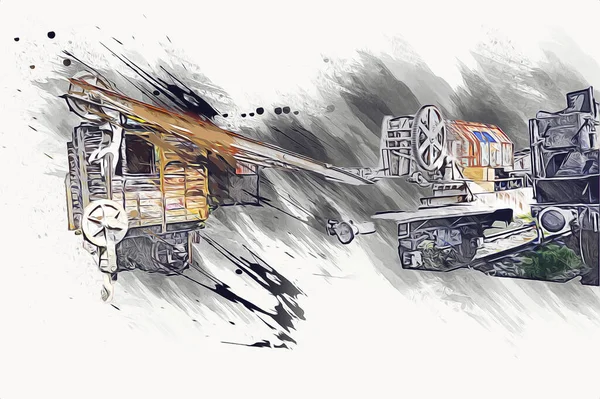 Demiryolu vinci, fotoğrafçılık, paslı, vagon, tren, sanat, illüstrasyon, çizim, eskiz, antika, retro, vintage.