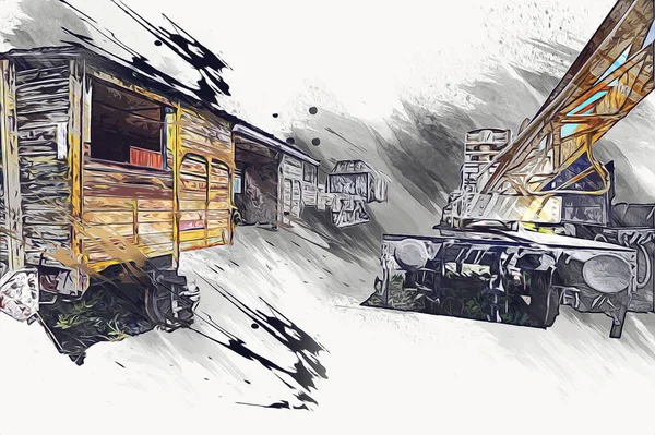 Grue Ferroviaire Photographie Rouillé Wagon Train Art Illustration Dessin Croquis — Photo