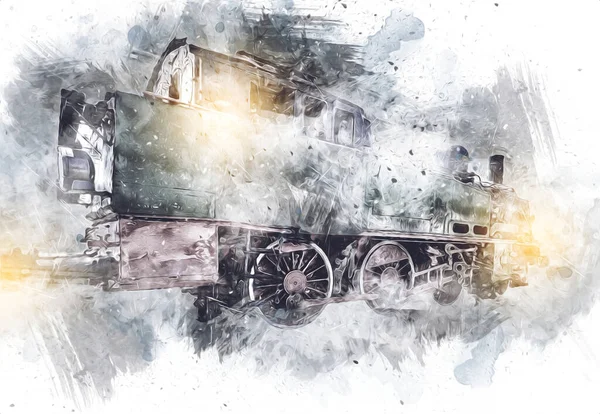 Pequeña Locomotora Vapor Fotografía Oxidado Vagón Tren Arte Ilustración Dibujo —  Fotos de Stock