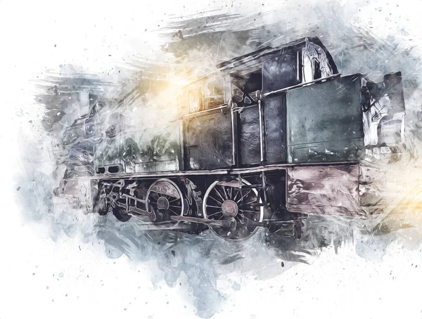 Piccola Locomotiva Vapore Fotografia Arrugginito Carro Treno Arte Illustrazione Disegno — Foto Stock