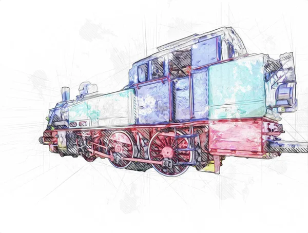 Kleine Locomotief Stoom Fotografie Roestig Wagen Trein Kunst Illust Werkje — Stockfoto