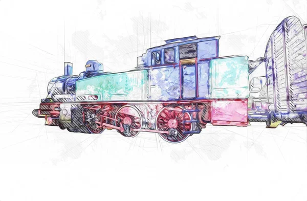 Malá Lokomotiva Pára Fotografie Rezavý Vůz Vlak Umění Ilustrace Kresba — Stock fotografie