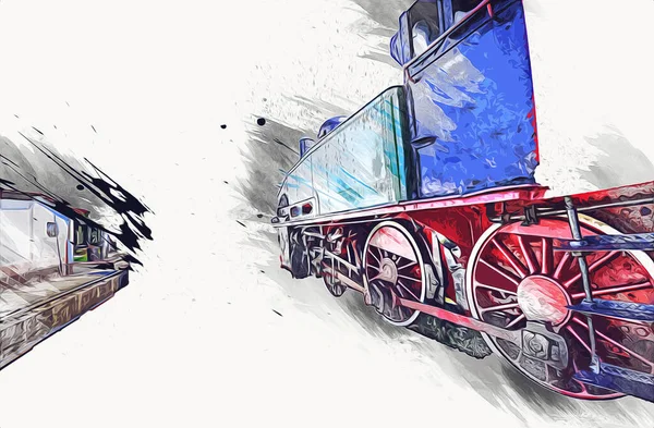 Pequeña Locomotora Vapor Fotografía Oxidado Vagón Tren Arte Ilustración Dibujo —  Fotos de Stock