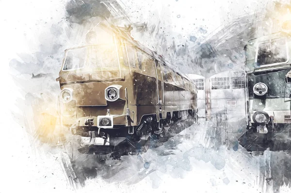 Different type of old locomotives, train, photography, rusty, wagon, art, illustration, drawing, sketch, antique, retro, vintage.