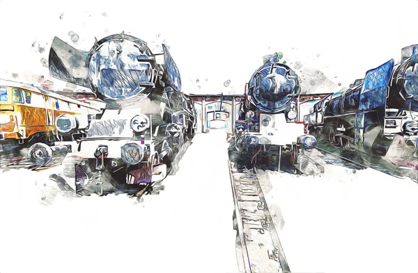 Farklı türde eski lokomotifler, tren, fotoğraf, paslı, vagon, sanat, illüstrasyon, çizim, eskiz, antika, antika, antika, antika.