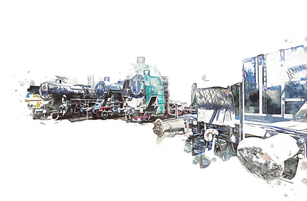Тип Старых Локомотивов Поезд Фотография Ржавчина Мрамор Искусство Иллюстрация Рисунок — стоковое фото