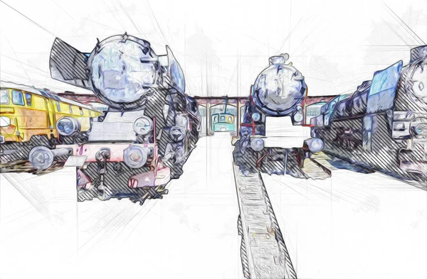 Farklı türde eski lokomotifler, tren, fotoğraf, paslı, vagon, sanat, illüstrasyon, çizim, eskiz, antika, antika, antika, antika.