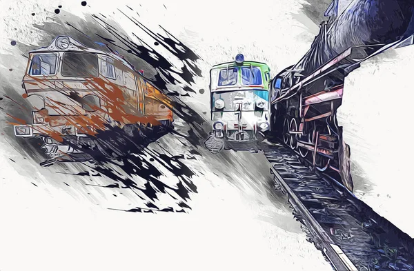 Différents Types Vieilles Locomotives Train Photographie Rouillé Wagon Art Illustration — Photo