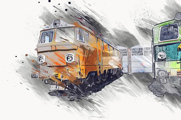 Different Type Old Locomotives Train Photography Rusty Wagon Art Illustration — Stock Photo, Image