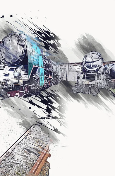 Farklı türde eski lokomotifler, tren, fotoğraf, paslı, vagon, sanat, illüstrasyon, çizim, eskiz, antika, antika, antika, antika.