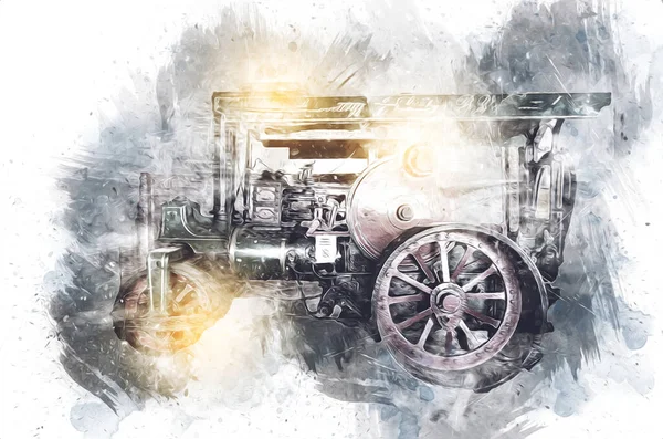 Viejo Tractor Vapor Tren Fotografía Oxidado Carro Arte Ilustración Dibujo — Foto de Stock