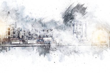 Gdansk limanı - Stogi Sahili yakınlarındaki konteynır terminali, Pomerania, Polonya, illüstrasyon, çizim, eskiz, klasik, resim, antika, retro