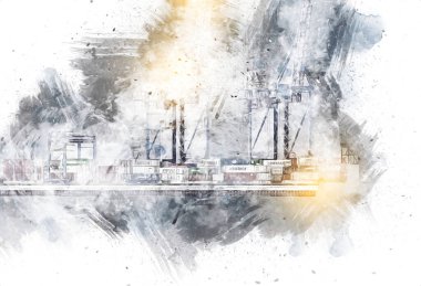 Gdansk limanı - Stogi Sahili yakınlarındaki konteynır terminali, Pomerania, Polonya, illüstrasyon, çizim, eskiz, klasik, resim, antika, retro