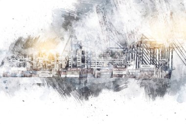 Gdansk limanı - Stogi Sahili yakınlarındaki konteynır terminali, Pomerania, Polonya, illüstrasyon, çizim, eskiz, klasik, resim, antika, retro