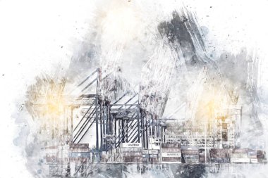 Gdansk limanı - Stogi Sahili yakınlarındaki konteynır terminali, Pomerania, Polonya, illüstrasyon, çizim, eskiz, klasik, resim, antika, retro