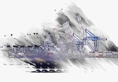 Gdansk limanı - Stogi Sahili yakınlarındaki konteynır terminali, Pomerania, Polonya, illüstrasyon, çizim, eskiz, klasik, resim, antika, retro