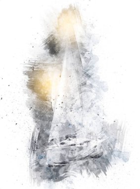 Gölde yelken açan yatlar, arka planda bulutlar, illüstrasyon, çizim, eskiz, klasik sanat, resim, antika, retro