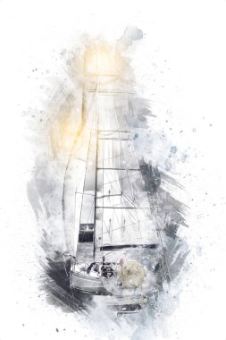 Gölde yelken açan yatlar, arka planda bulutlar, illüstrasyon, çizim, eskiz, klasik sanat, resim, antika, retro