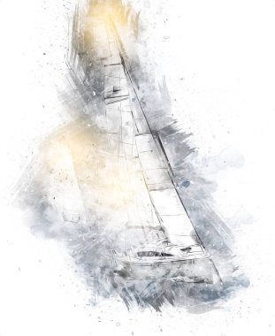 Gölde yelken açan yatlar, arka planda bulutlar, illüstrasyon, çizim, eskiz, klasik sanat, resim, antika, retro