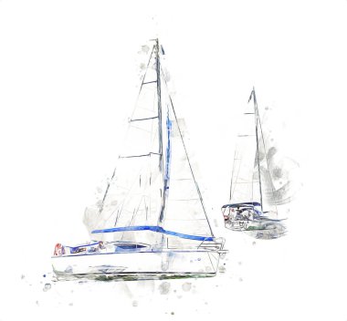 Gölde yelken açan yatlar, arka planda bulutlar, illüstrasyon, çizim, eskiz, klasik sanat, resim, antika, retro