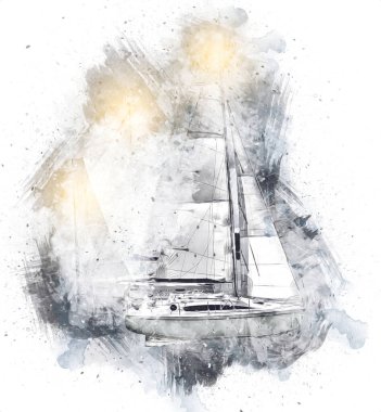 Gölde yelken açan yatlar, arka planda bulutlar, illüstrasyon, çizim, eskiz, klasik sanat, resim, antika, retro