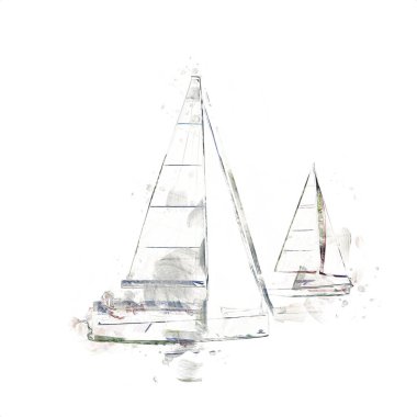 Gölde yelken açan yatlar, arka planda bulutlar, illüstrasyon, çizim, eskiz, klasik sanat, resim, antika, retro