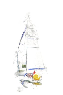 Gölde yelken açan yatlar, arka planda bulutlar, illüstrasyon, çizim, eskiz, klasik sanat, resim, antika, retro