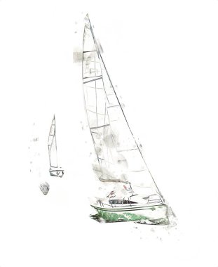 Gölde yelken açan yatlar, arka planda bulutlar, illüstrasyon, çizim, eskiz, klasik sanat, resim, antika, retro