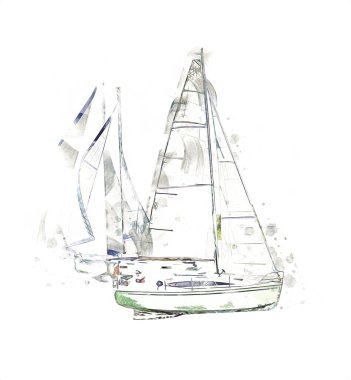 Gölde yelken açan yatlar, arka planda bulutlar, illüstrasyon, çizim, eskiz, klasik sanat, resim, antika, retro