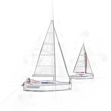 Gölde yelken açan yatlar, arka planda bulutlar, illüstrasyon, çizim, eskiz, klasik sanat, resim, antika, retro