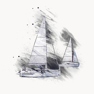 Gölde yelken açan yatlar, arka planda bulutlar, illüstrasyon, çizim, eskiz, klasik sanat, resim, antika, retro